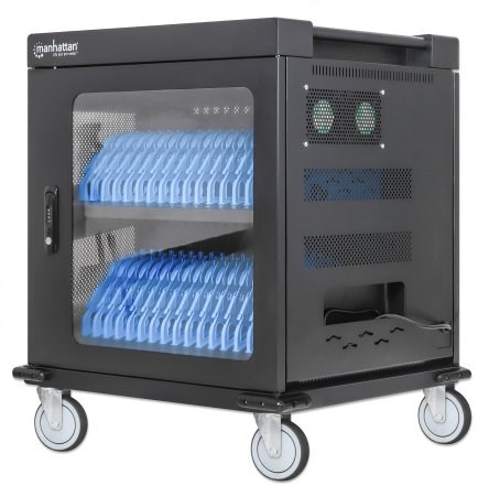 Manhattan Laptop Charging Cart/Trolley via AC Adapter (EU) 32-bay, Install device's AC Adapter (power cables) into unit, Suitable for ALL laptops (to 15.6"), iPads, MacBooks, Chromebooks, other USB-C devices, Bays 380x30x280mm, Cabinet, Lockable