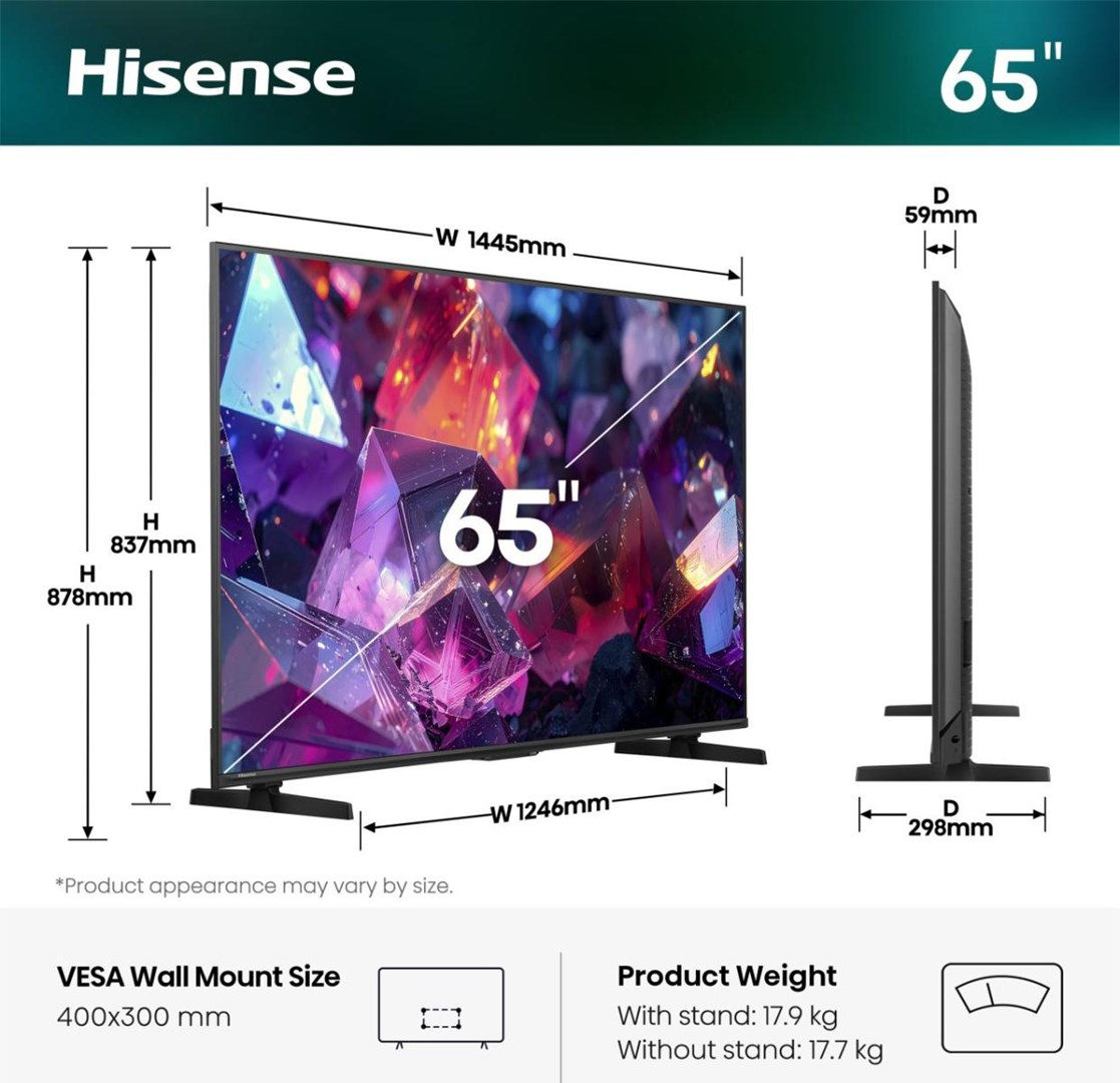 Hisense 65E7S PRO 65-inch 4K LED 144 Hz Smart TV, Black